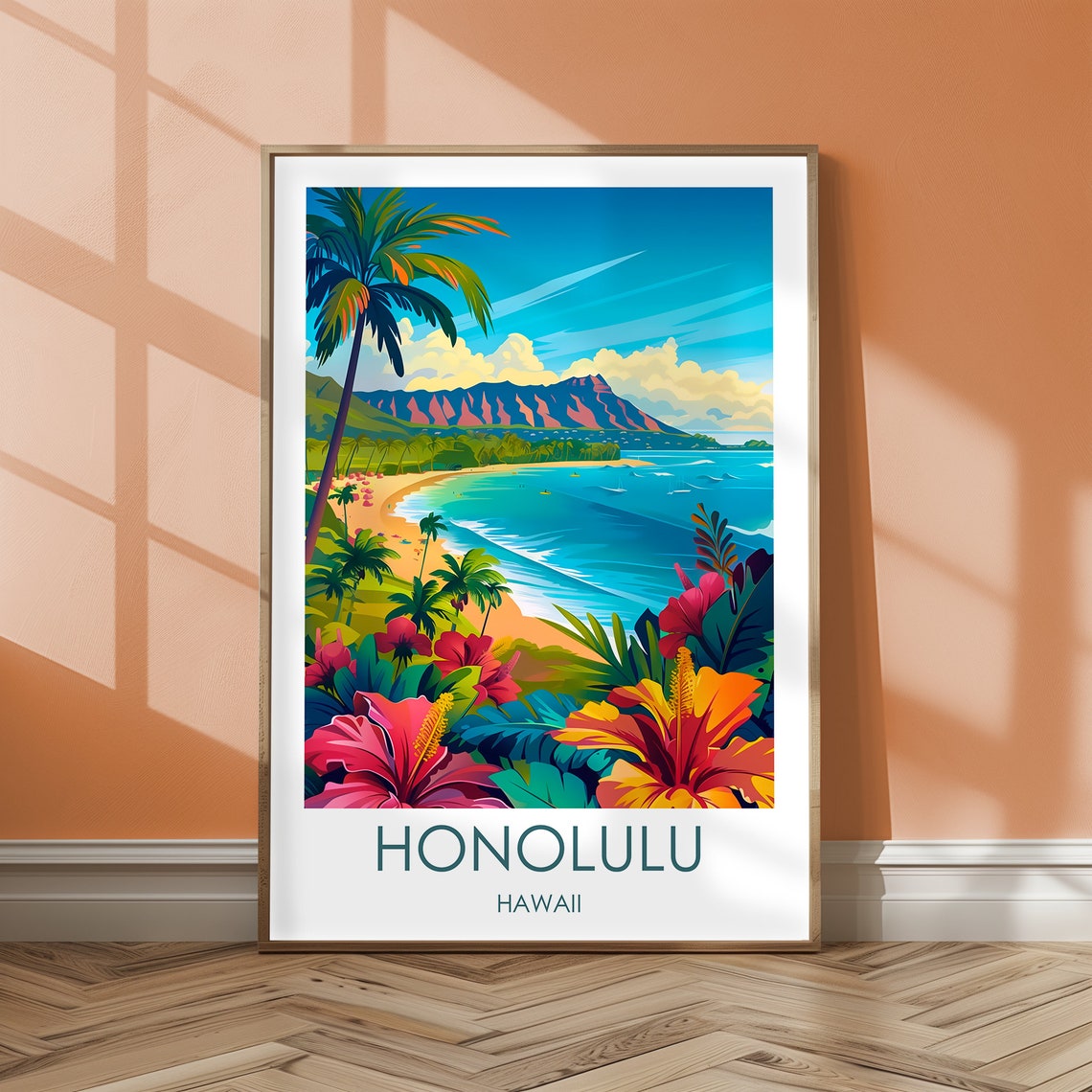 Honolulu Hawaii Diamond Head Beach Hibiscus Tropical Travel Poster