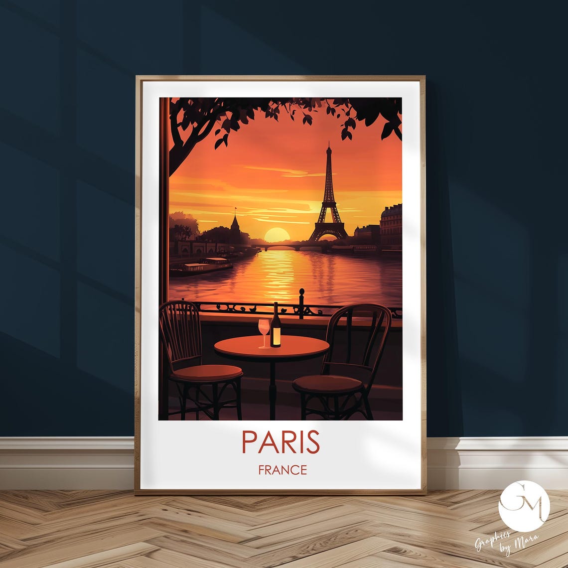Paris France Sunset Eiffel Tower Seine Riverside Cafe Travel Poster