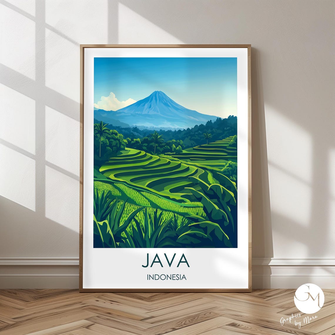 Java Indonesia Volcano Rice Terraces Green Landscape Travel Poster