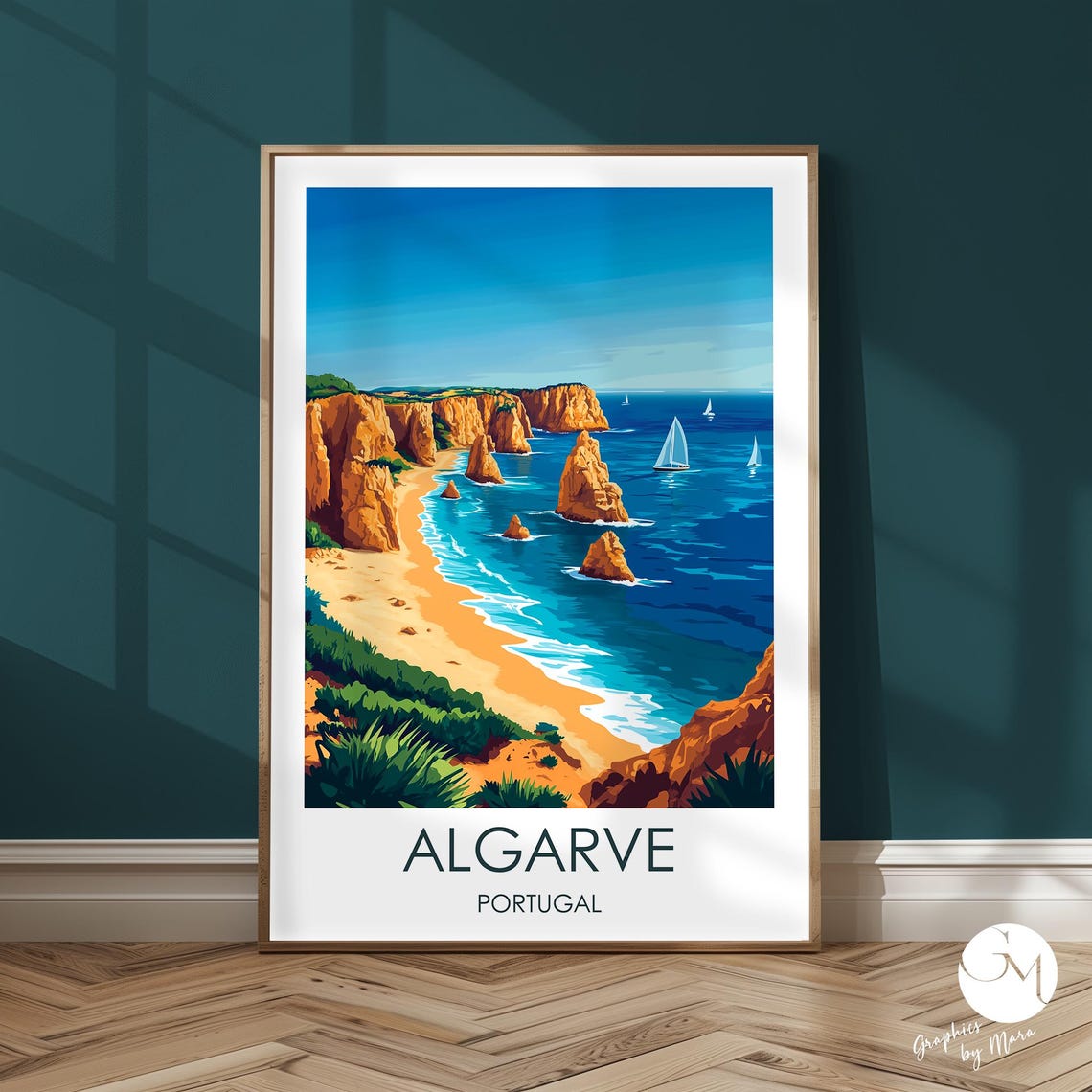 Portugal Travel Print Algarve Poster Summer Coast Cliffs Atlantic Landscape Illustration