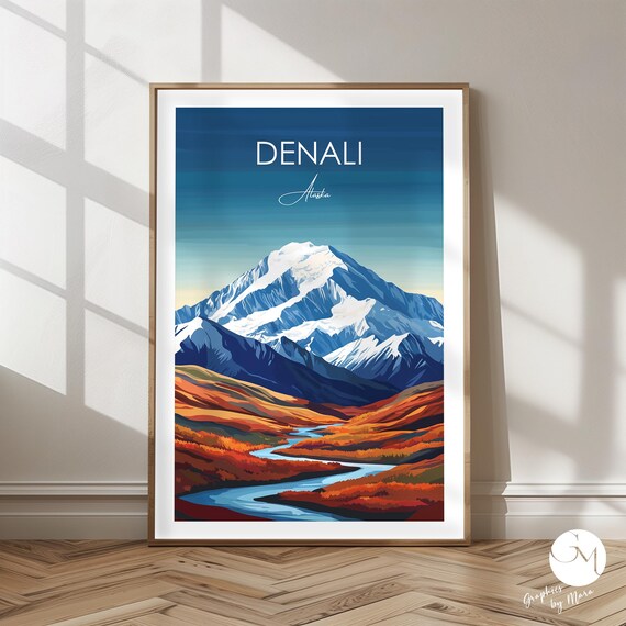 Denali Alaska Autumn Tundra River National Park Travel Poster