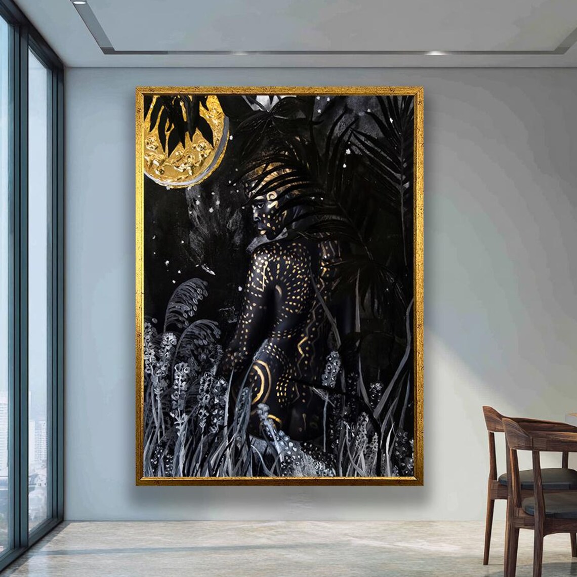 African Moonlight Goddess Black And Gold Jungle Night Poster