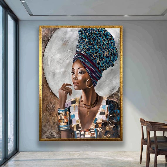 African Woman Canvas Wall Art Black Portrait With Headwrap Modern Ethnic Artwork Large Colorful Print For Livingroombedroom Decor