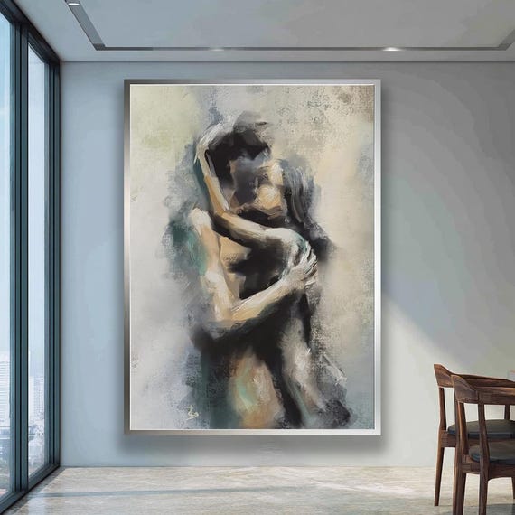 Couple Embrace Canvas Wall Art Romantic Abstract Painting Of Loversmodern Nude Artworklarge Intimate Print For Bedroomliving Room Decor