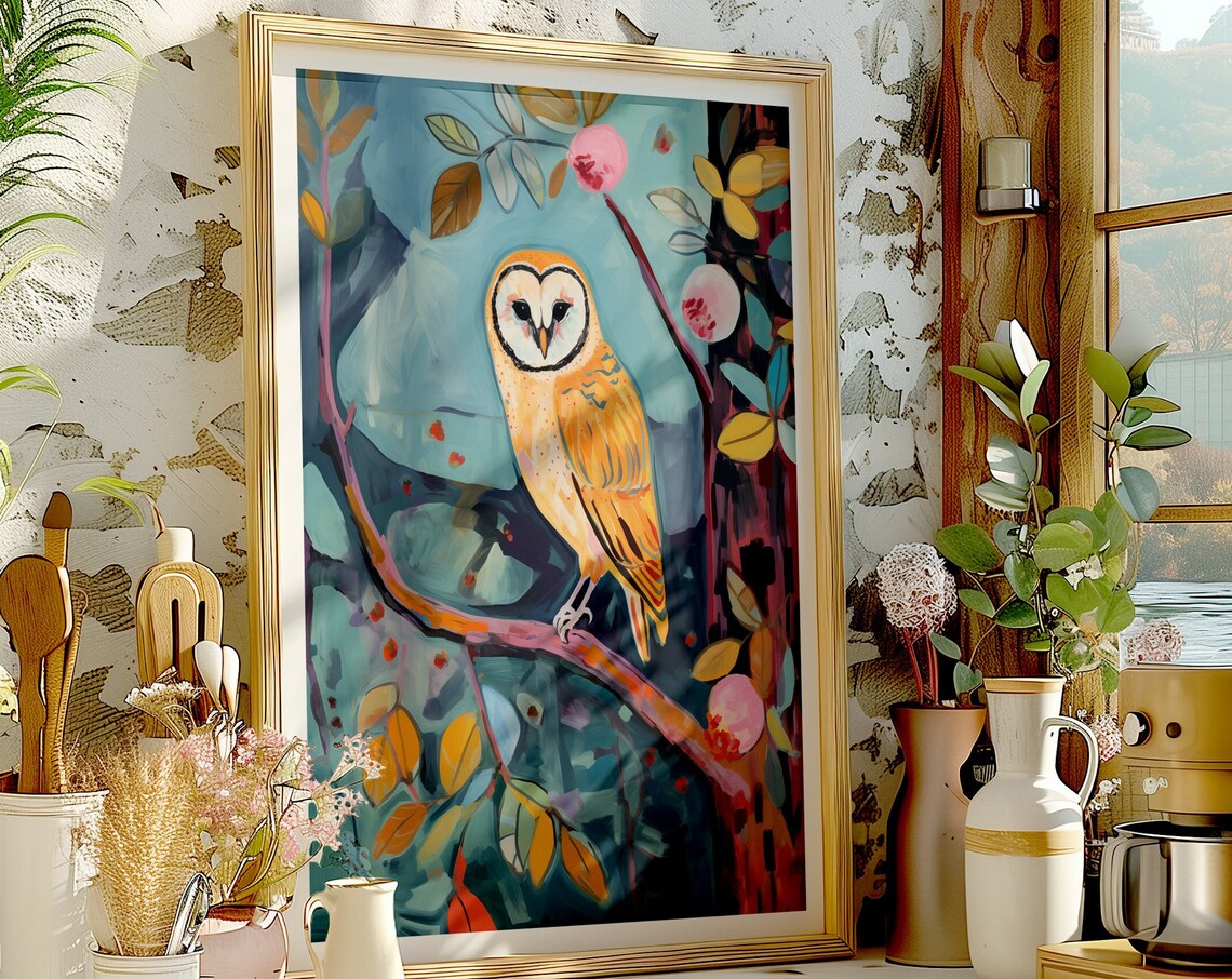 Barn Owl Perched In Teal Foliage Colorful Wildlife Art Poster