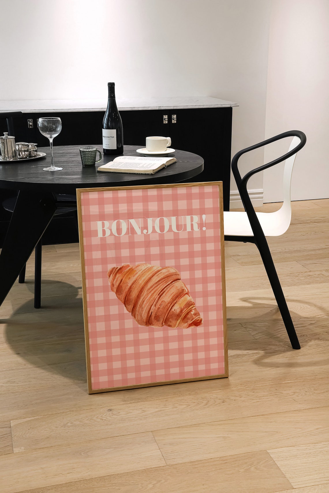 Bonjour Croissant Watercolor Pink Gingham French Kitchen Wall Art - Image 3