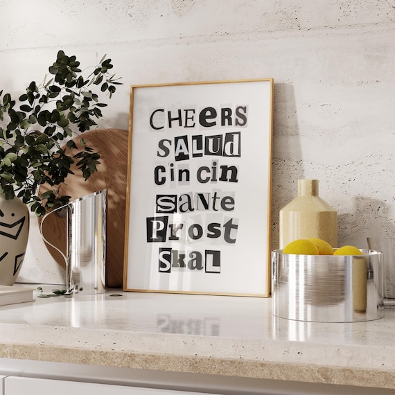 Cheers In Six Languages Ransom Note Typography Bar Cart Poster