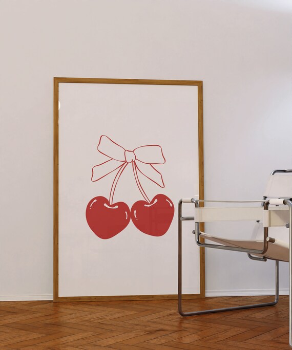 Bow Wall Art Cherry Poster Red Wall Art Trendy Art Prints Coquette Art Print Aesthetic Poster Ribbon Print Trendy Retro Wall Art Aesthetic