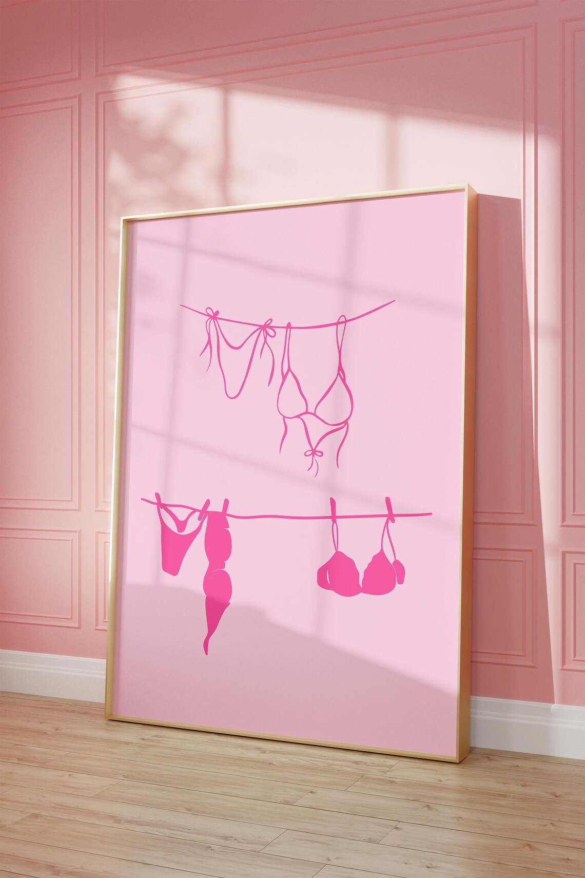 Pink Bikini Clothesline Line Art Preppy Summer Beach Girl Poster