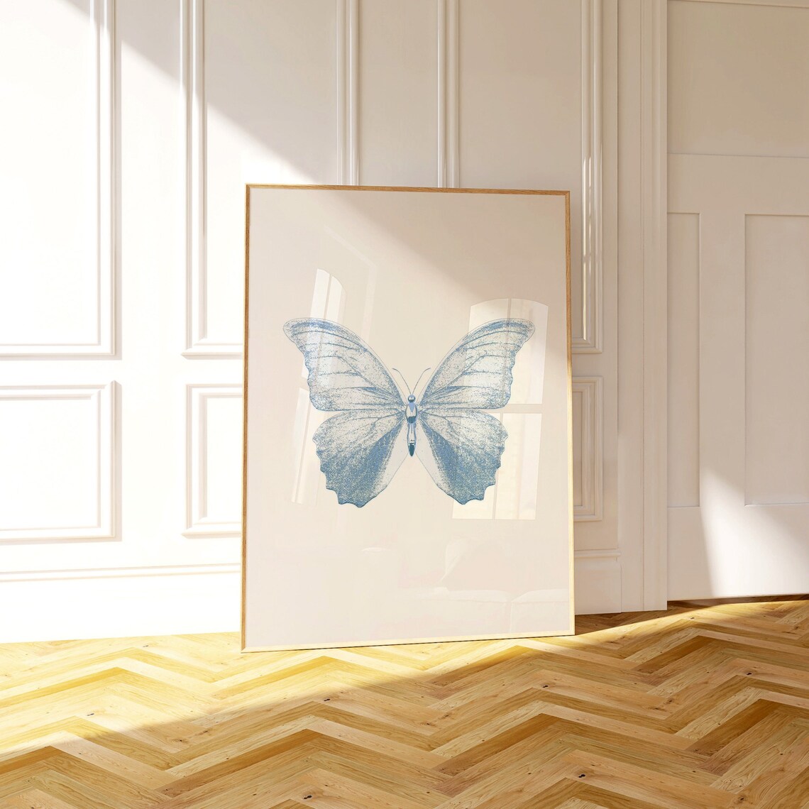 Pale Blue Butterfly Detailed Wing Illustration Minimalist Wall Art - Image 3