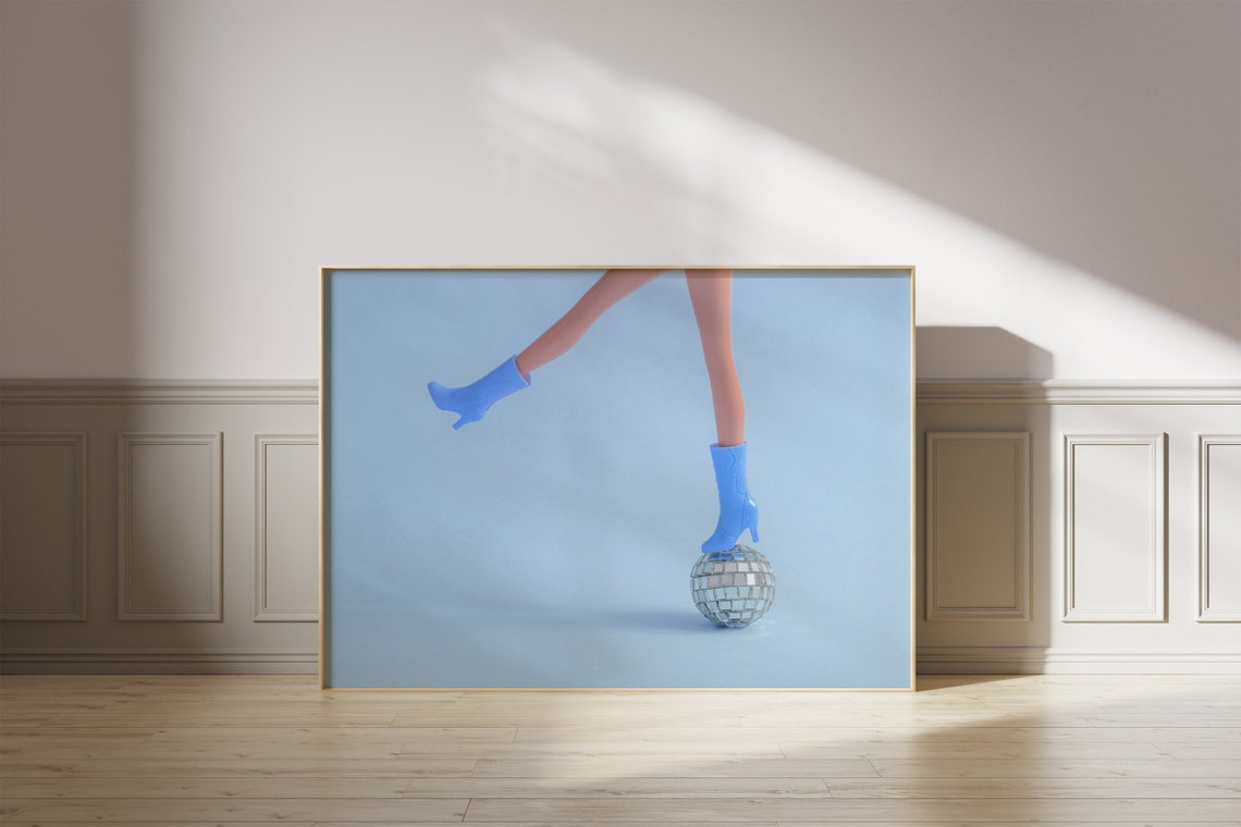 Blue Cowboy Boots Stepping on Disco Ball Preppy Girly Bedroom Wall Art
