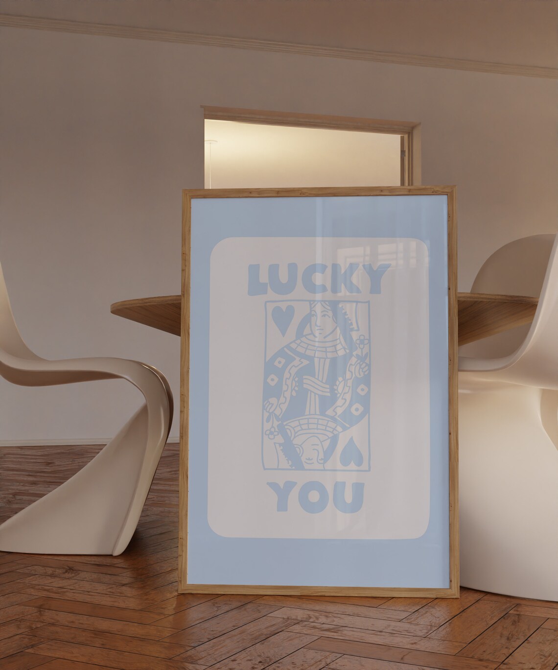 Lucky You Queen of Hearts Blue Playing Card Trendy Preppy Wall Poster - Image 2