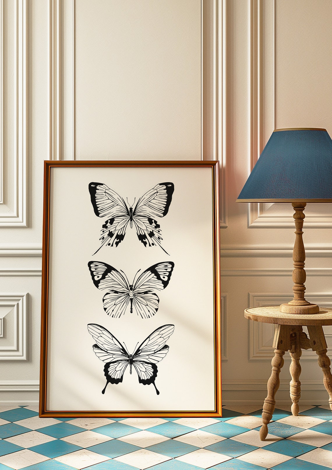Black And White Butterfly Line Drawing Trio Insect Nature Art Poster - Image 3