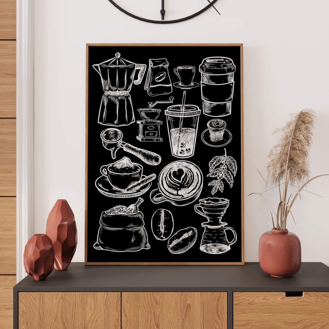 Coffee Bar Sketches Black Chalkboard Style Kitchen Decor Wall Art - Image 3