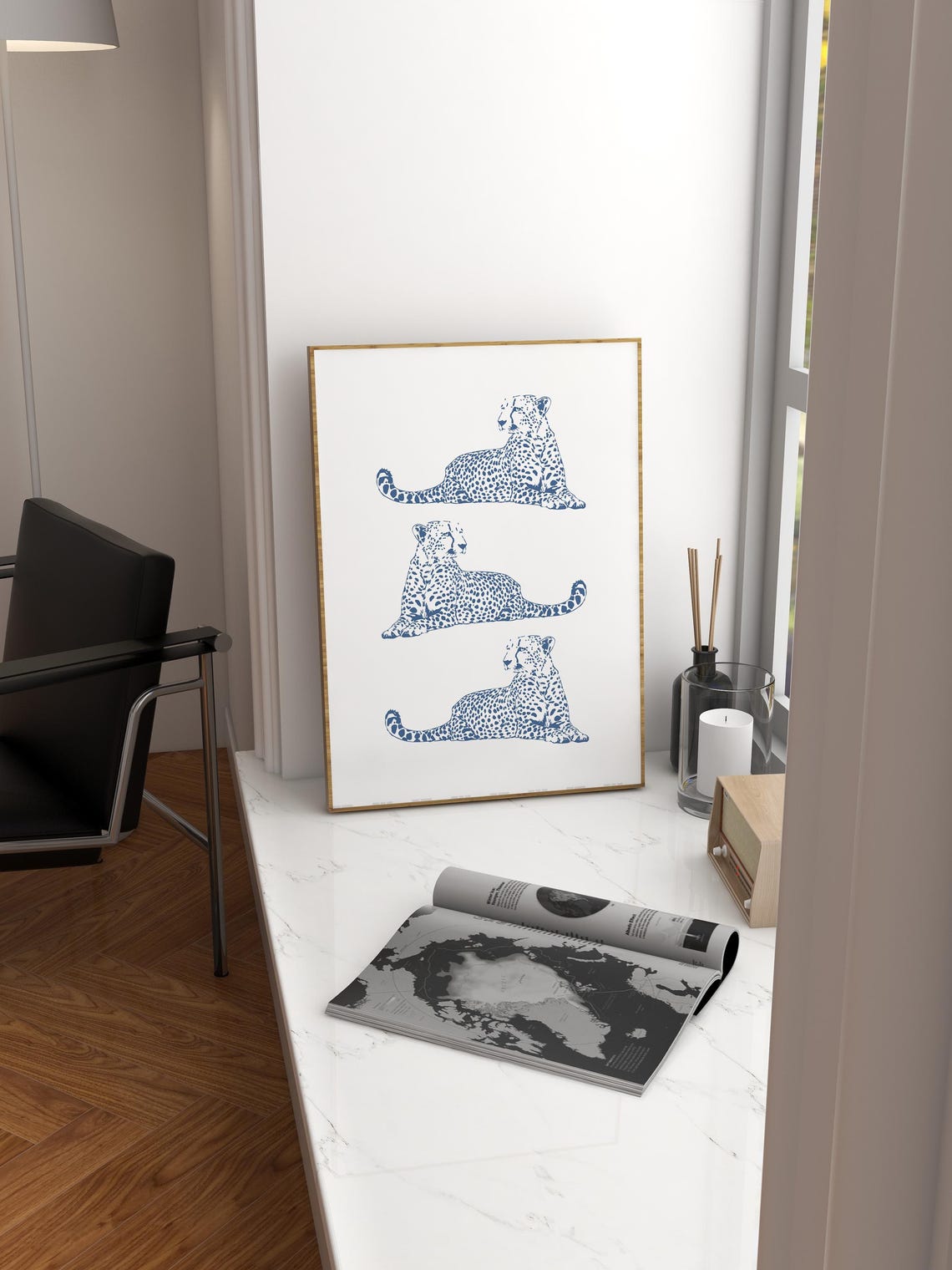 Navy Blue Cheetah Trio Chic Reclining Safari Line Art Poster - Image 2