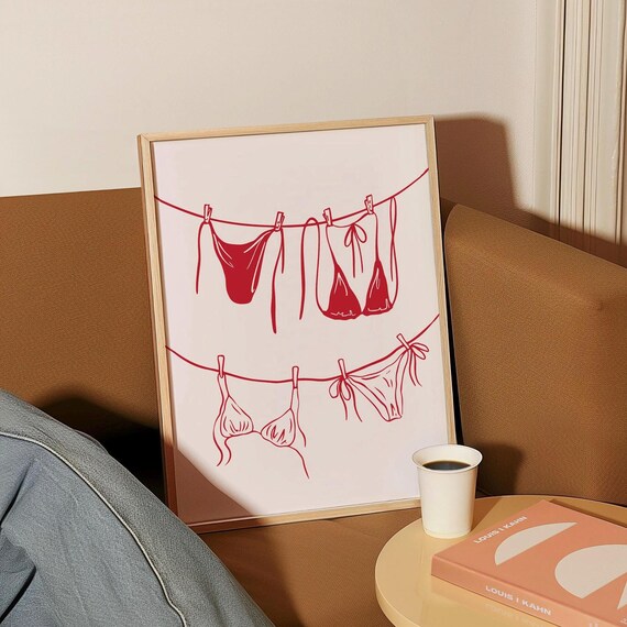 Red Bikini Swimsuits on Clothesline Playful Beach Line Art Poster