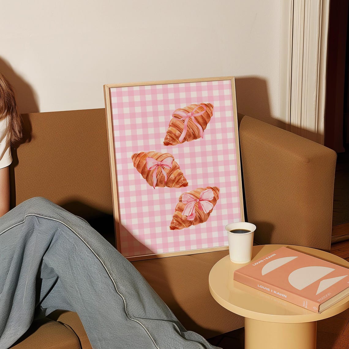 Pink Croissant Gingham Check Coquette French Bakery Wall Poster
