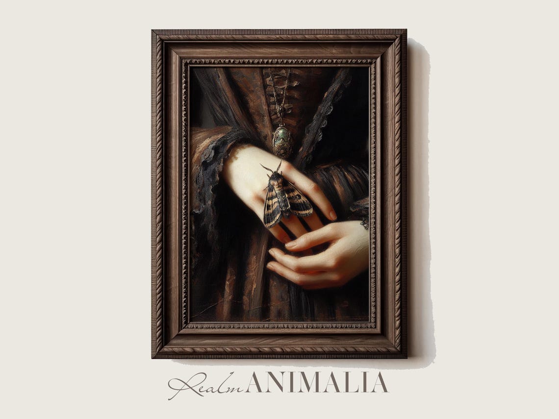 Victorian Woman With Moth On Hand Dark Romantic Painting Poster - Image 4