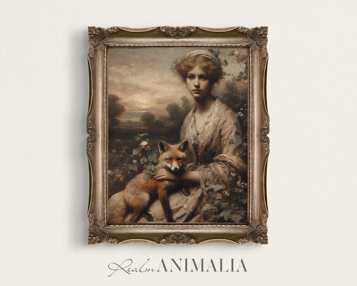 Woman With Fox Vintage Portrait Art Print