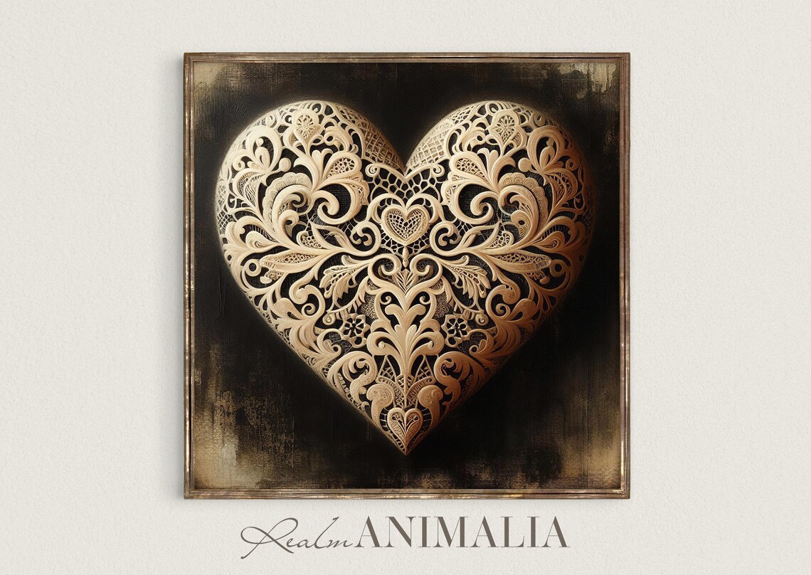 Ornate Victorian Lace Heart Filigree Neutral Romantic Wall Art Print - Image 2