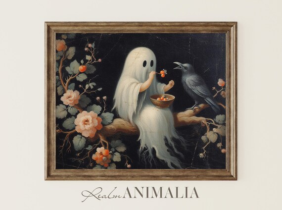 Ghost Feeding Crow On Blossom Branch Dark Floral Halloween Art Print
