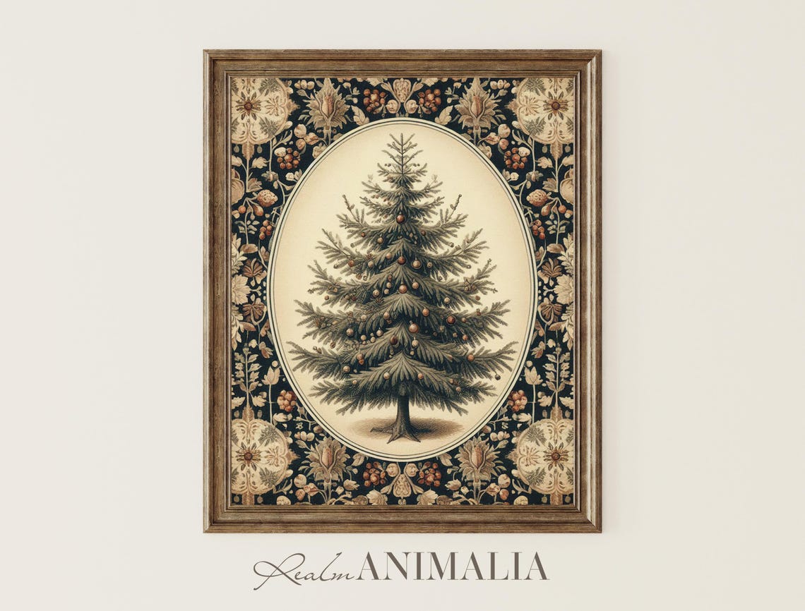 Decorated Christmas Fir Tree On Floral Tapestry Botanical Poster