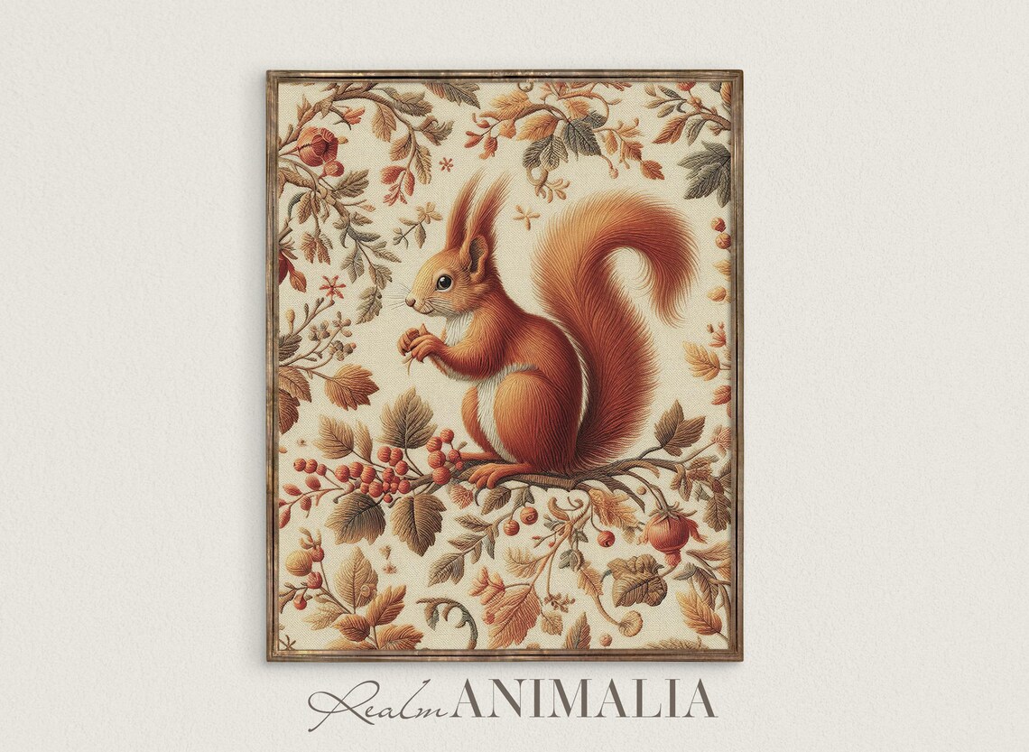 Fall Squirrel Textile Art Print, Vintage Wildlife