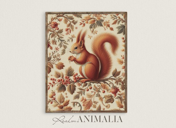 Fall Squirrel Textile Art Print, Vintage Wildlife