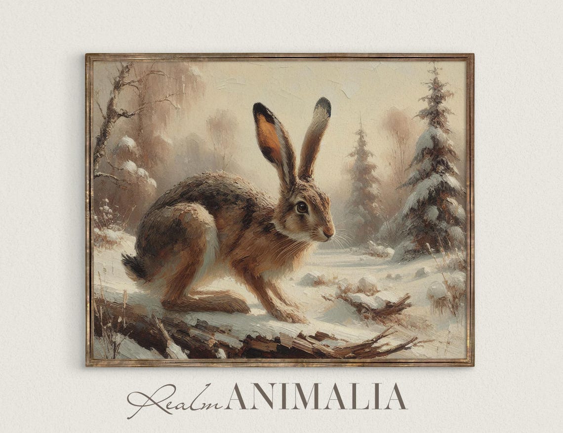 Brown Hare Running Through Snowy Winter Forest Wildlife Poster