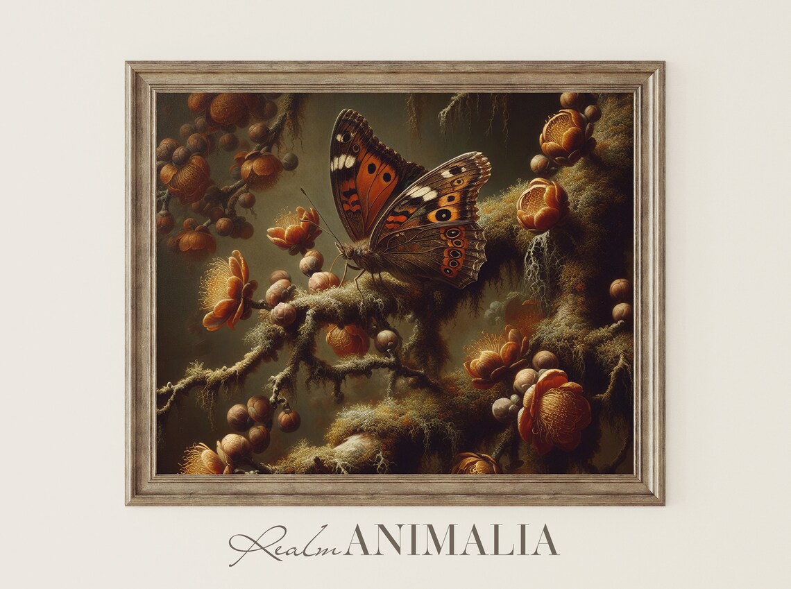 Moody Botanical Butterfly Vintage Floral Art Print