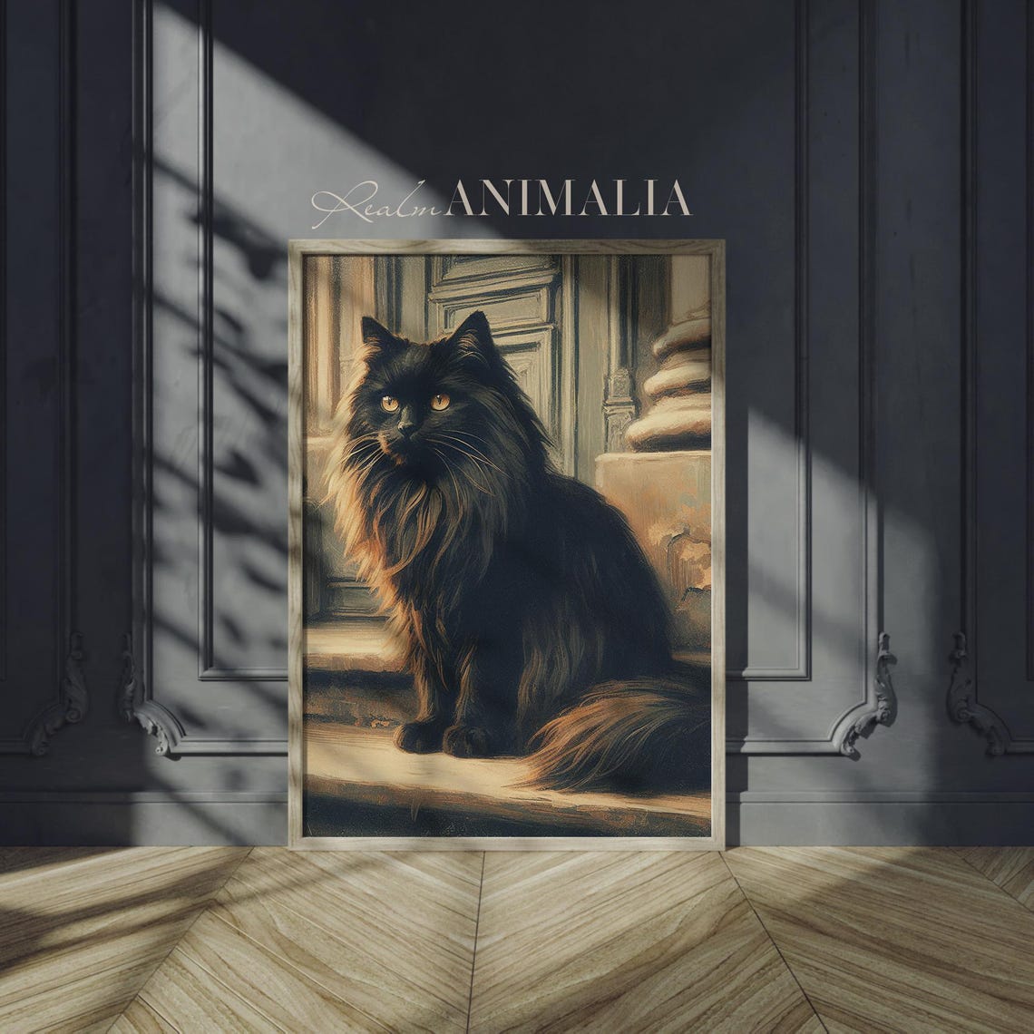 Long Haired Black Cat On Stone Steps Golden Eyes Portrait Art Print - Image 3