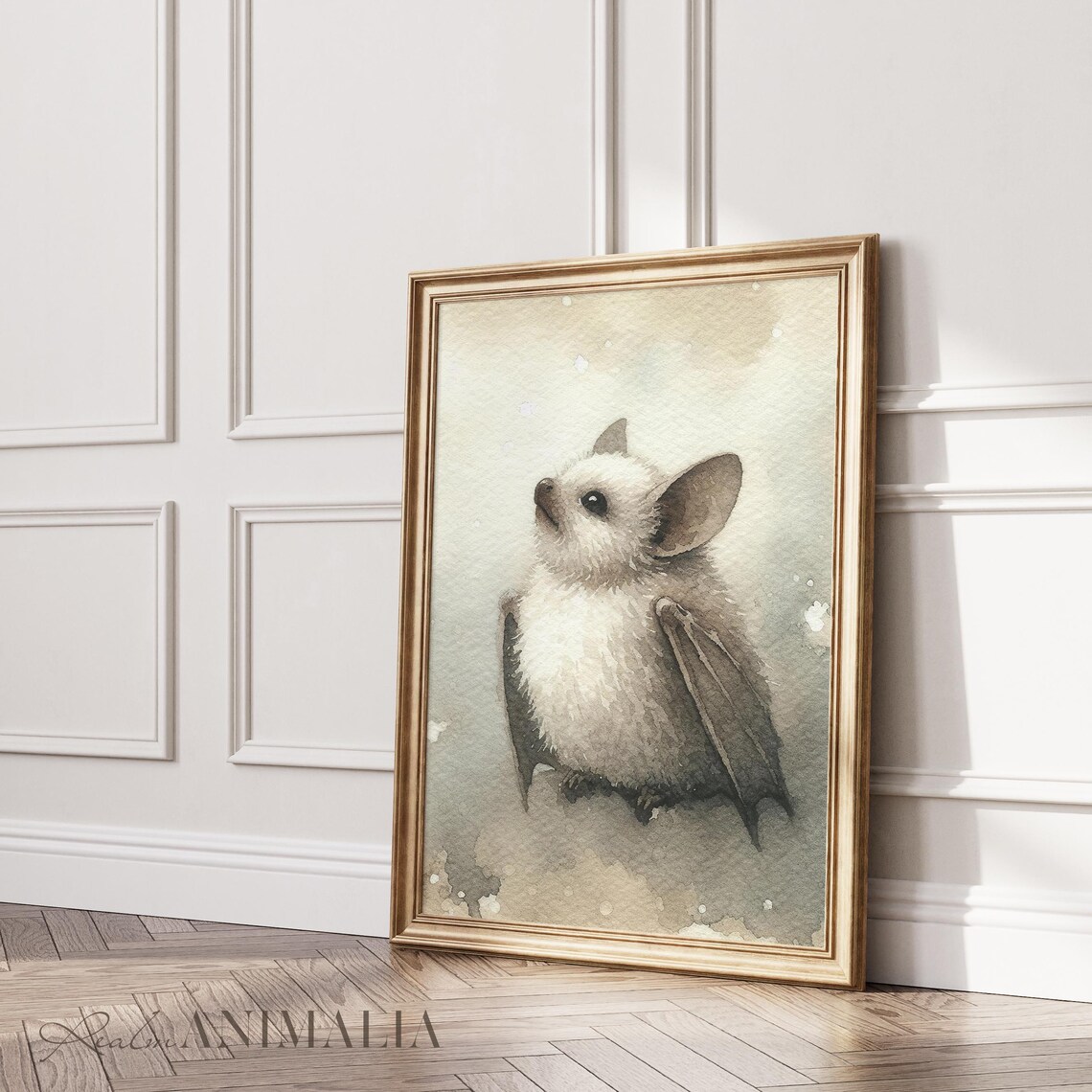 Cute Baby Bat Watercolor Painting White Fluffy Nursery Animal Wall Poster - Image 3