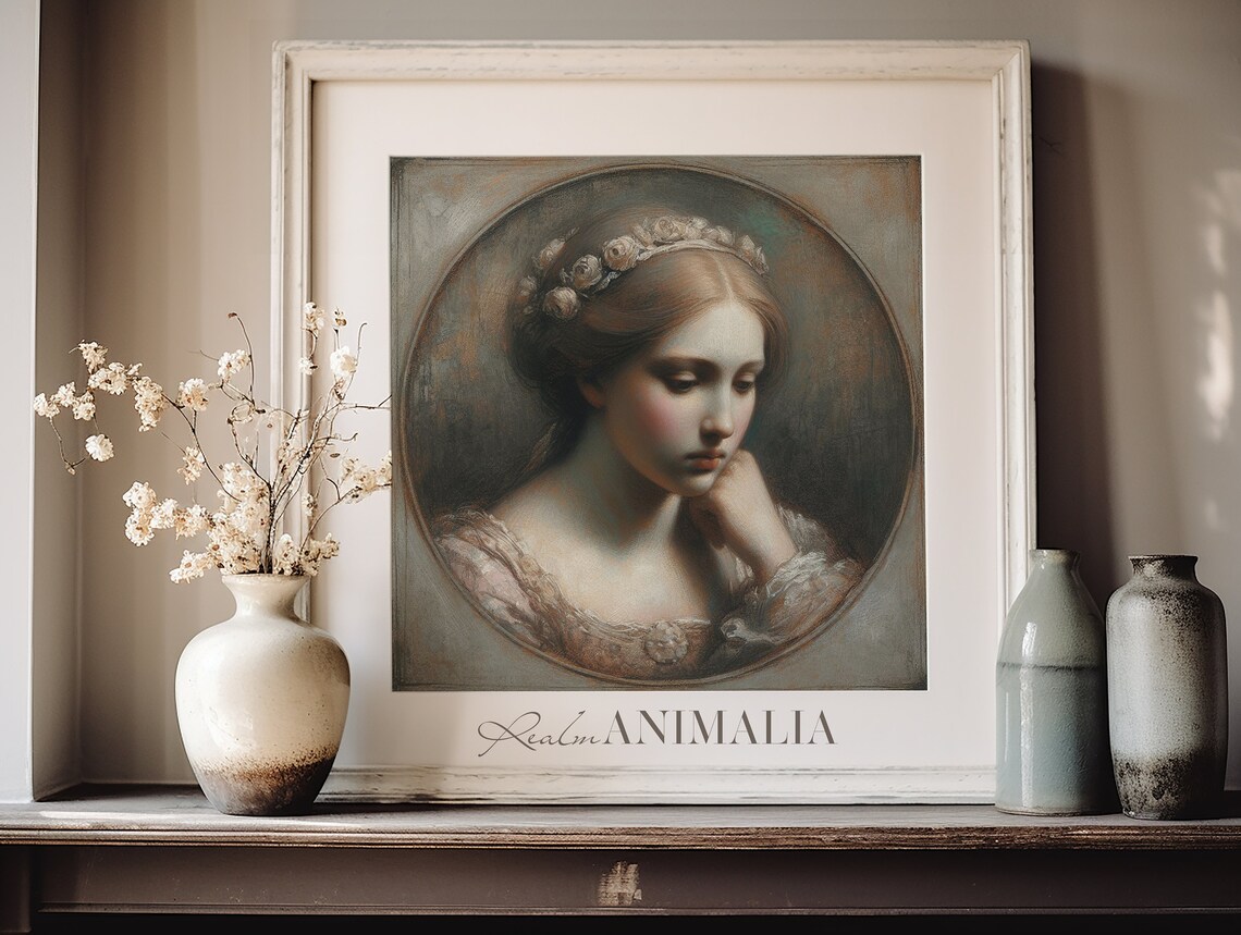 Vintage Woman Pastel Portrait Circular Floral Crown Melancholy Art Print - Image 3