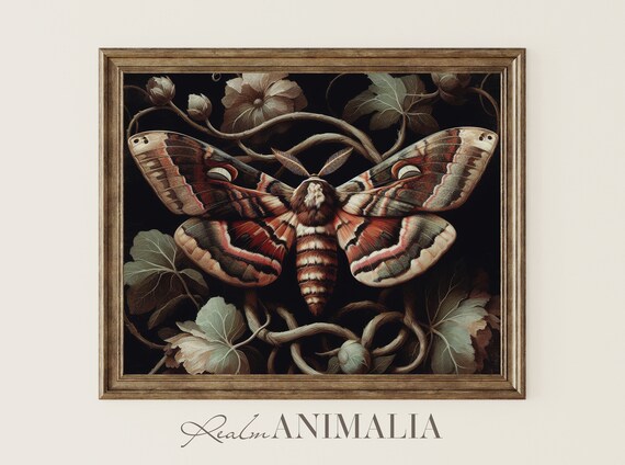 Large Moth Vintage Oil Painting Moody Botanical Vines Crescent Wings Wall Poster