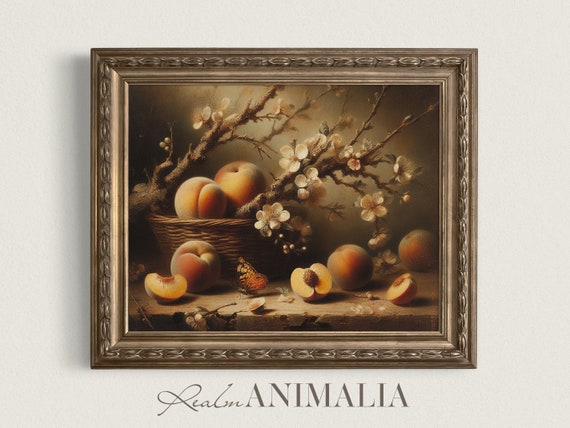 Fruit Floral And Butterfly Still Life Painting Vintage Moody Still Life Fine Art Print Kitchen Decor Frs001
