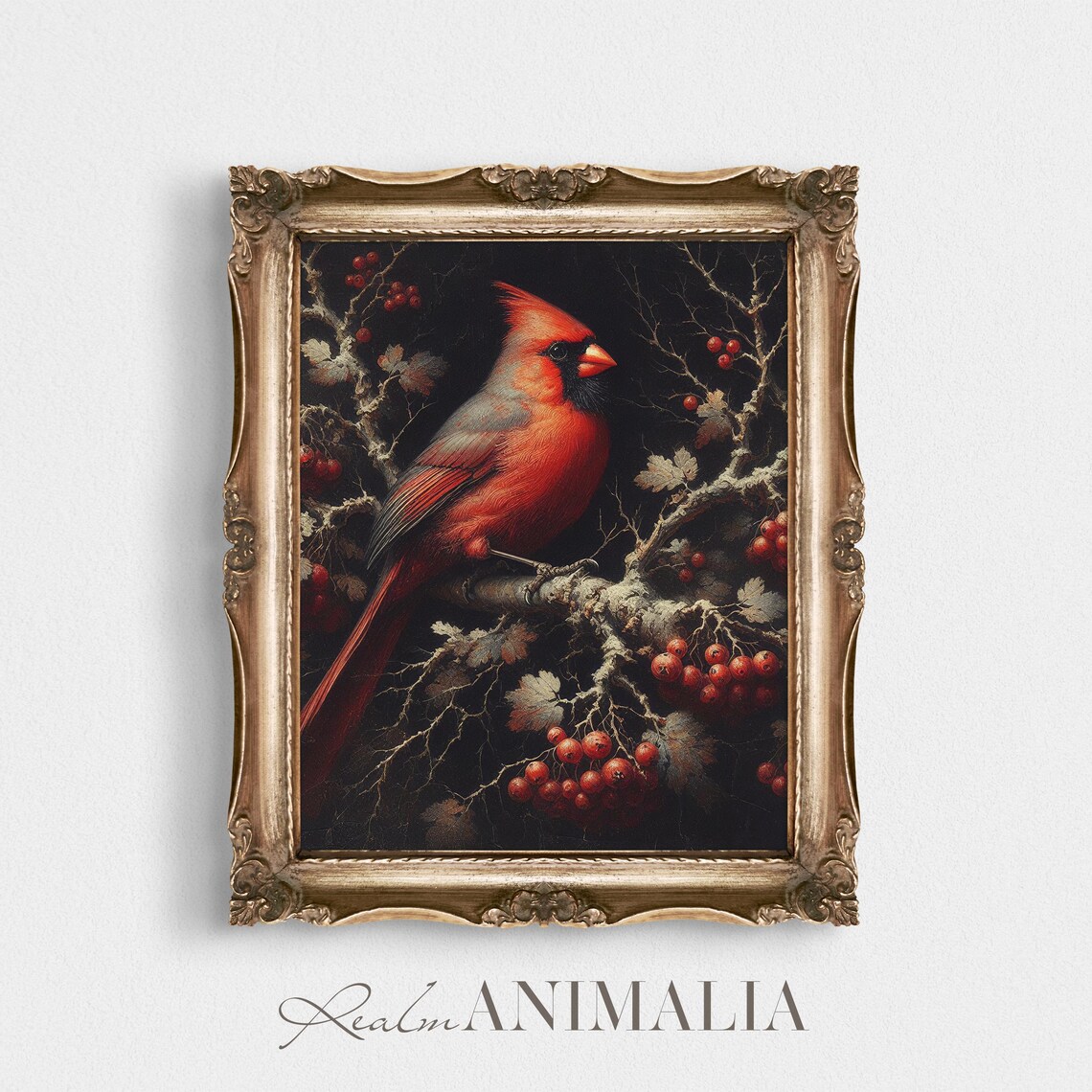 Red Cardinal Bird Art Print, Rustic Winter Portrait - Image 2