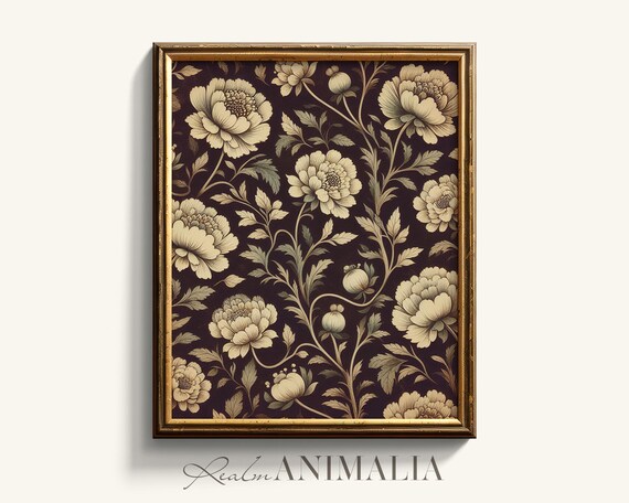 Floral Pattern Textile Art Print Botanical Tapestry Wall Art Moody Neutral Cottage Wall Decor Cottagecore Art Prints Ctg119