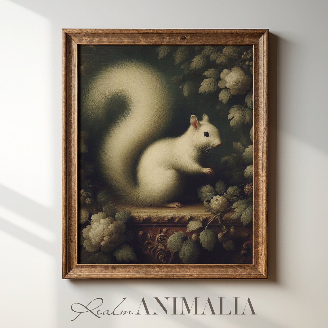 Vintage White Squirrel Among Leaves Dark Woodland Botanical Animal Art Poster - Image 4