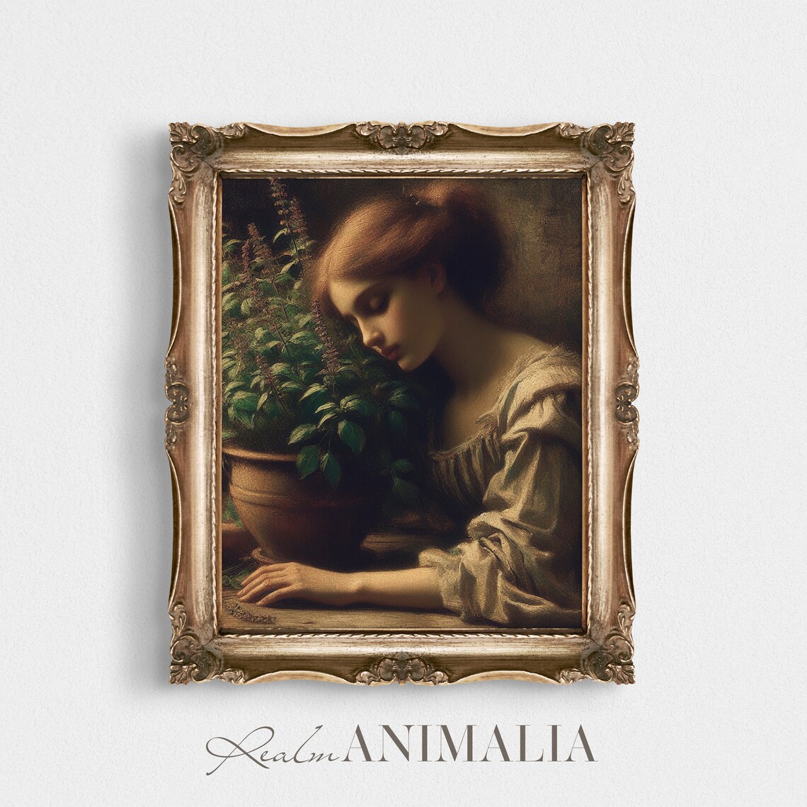 Vintage Woman Smelling Basil Plant Warm Dark Romantic Oil Painting Art Print - Image 4