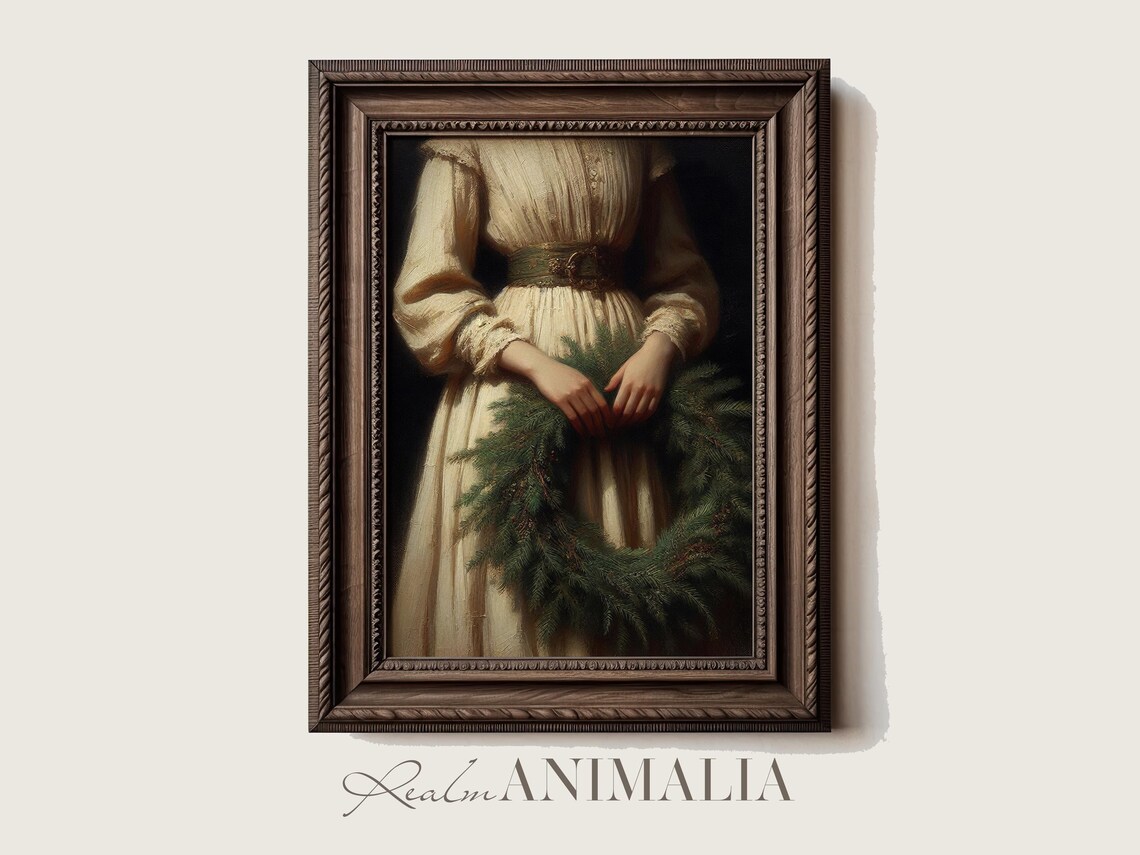 Victorian Woman With Pine Wreath, Vintage Christmas Art Print - Image 3
