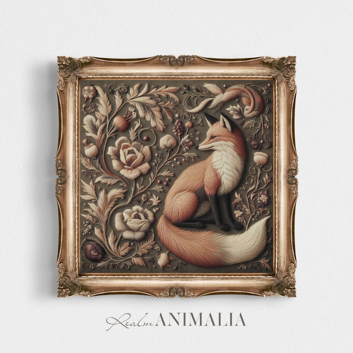 Fox Embroidery Print, Vintage Botanical Textile Art - Image 4