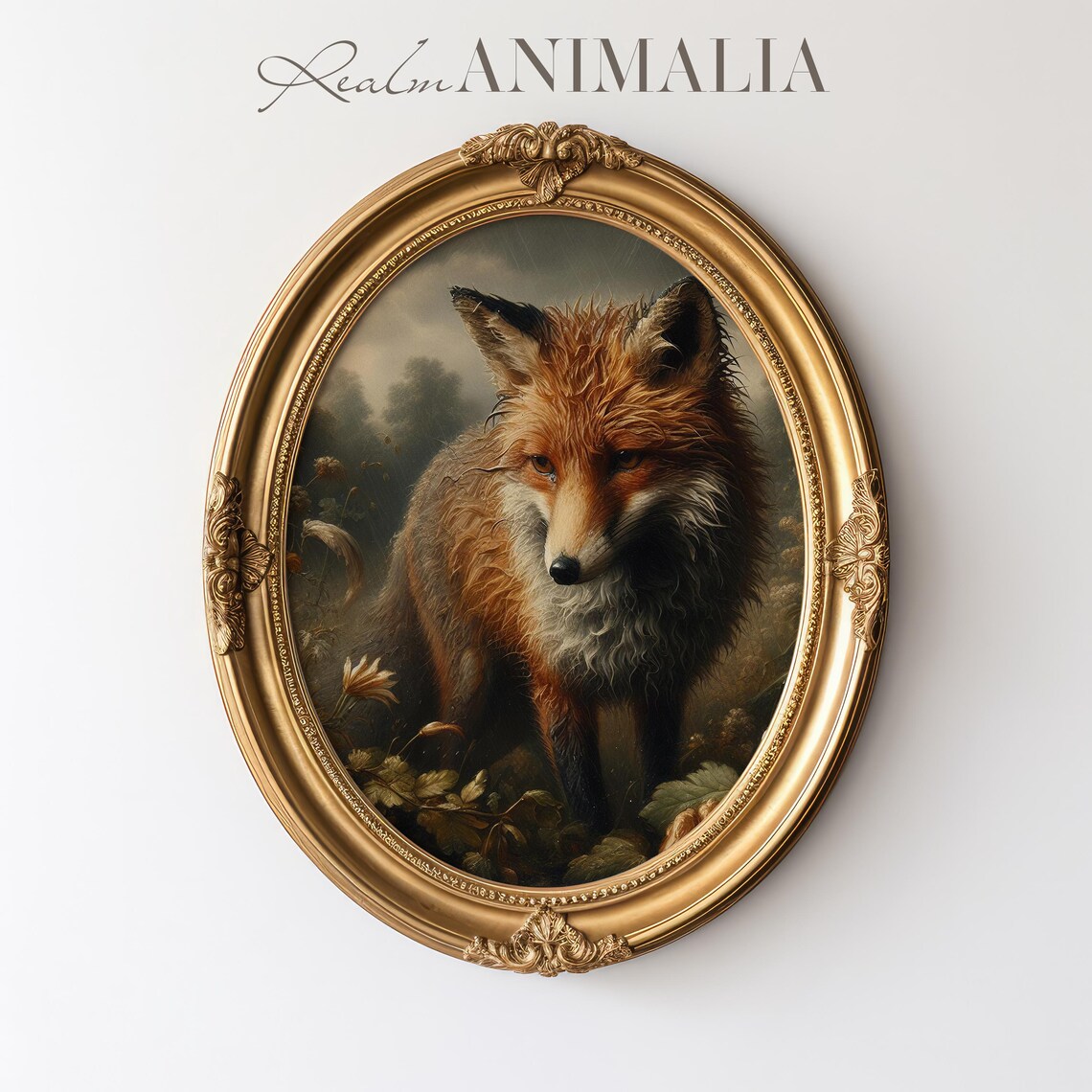 Red Fox In The Rain Moody Wildflower Meadow Vintage Animal Wall Art Print - Image 3