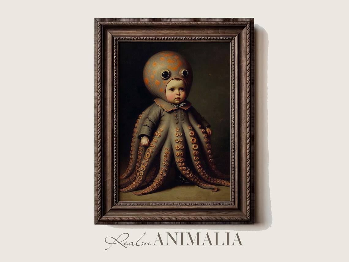 Vintage Child In Octopus Costume Oil Painting Spooky Halloween Art Poster - Image 2