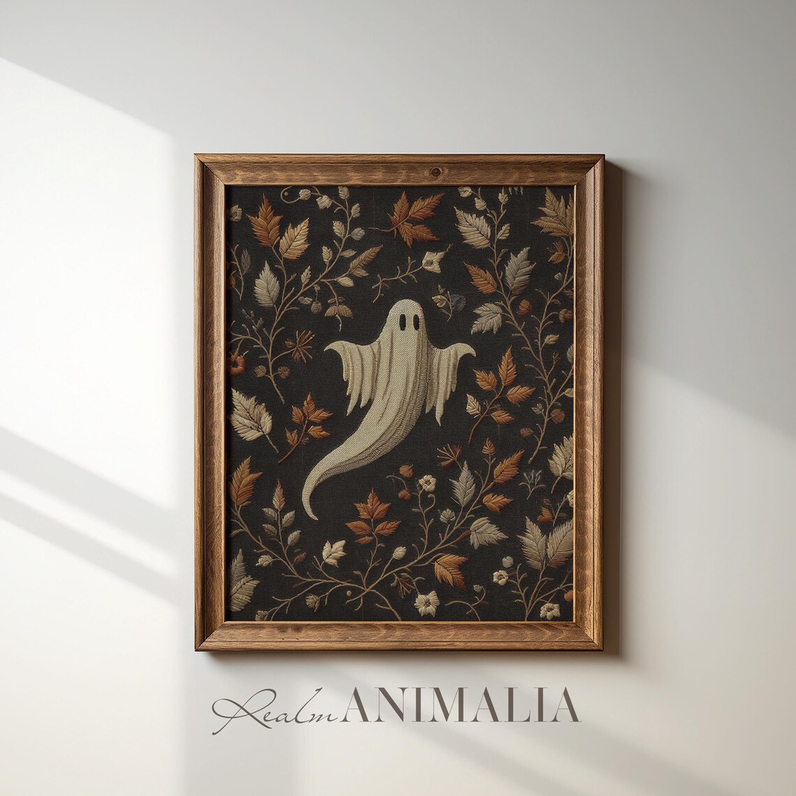 Ghost Among Autumn Leaves Dark Botanical Tapestry Halloween Art Print - Image 2