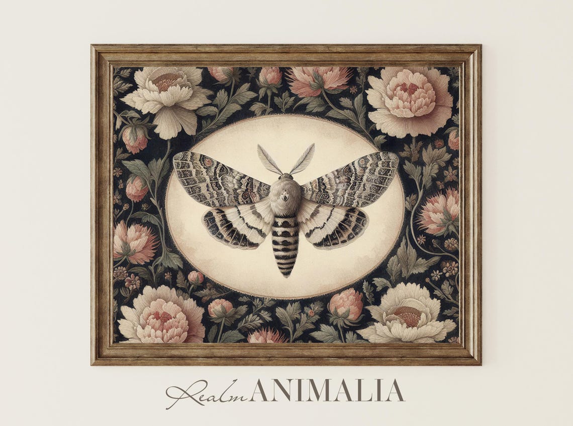 Large Vintage Moth In Oval Medallion Dark Floral Tapestry Poster