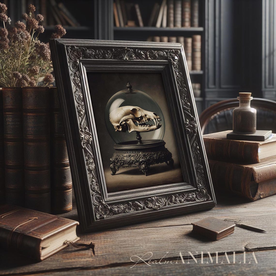 Animal Skull Under Glass Dome Dark Gothic Curiosities Still Life Print - Image 3