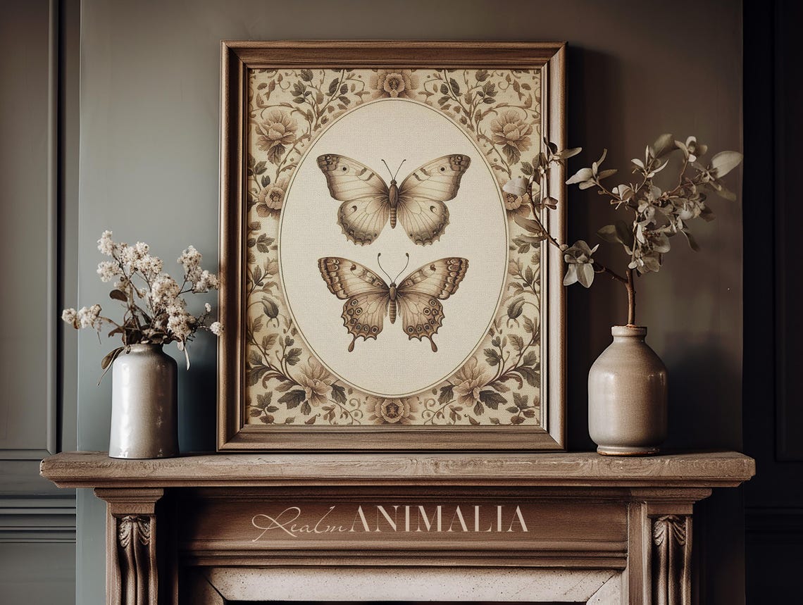 Two Vintage Butterflies Oval Medallion Neutral Tapestry Poster - Image 2