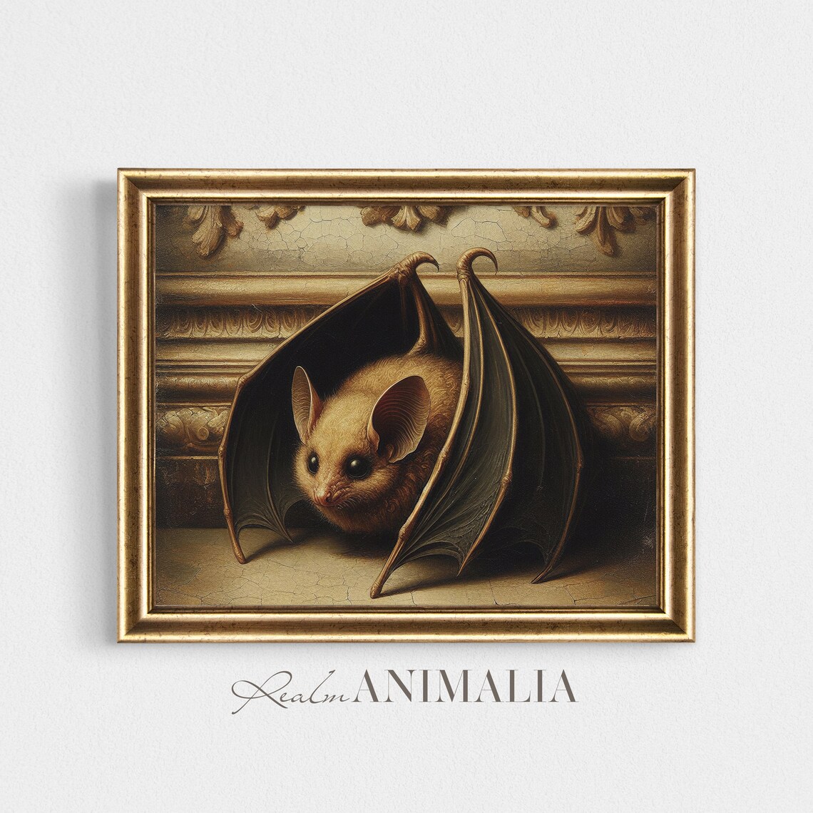 Bat Vintage Oil Painting Folded Wings Old Plaster Moody Animal Portrait Print - Image 4