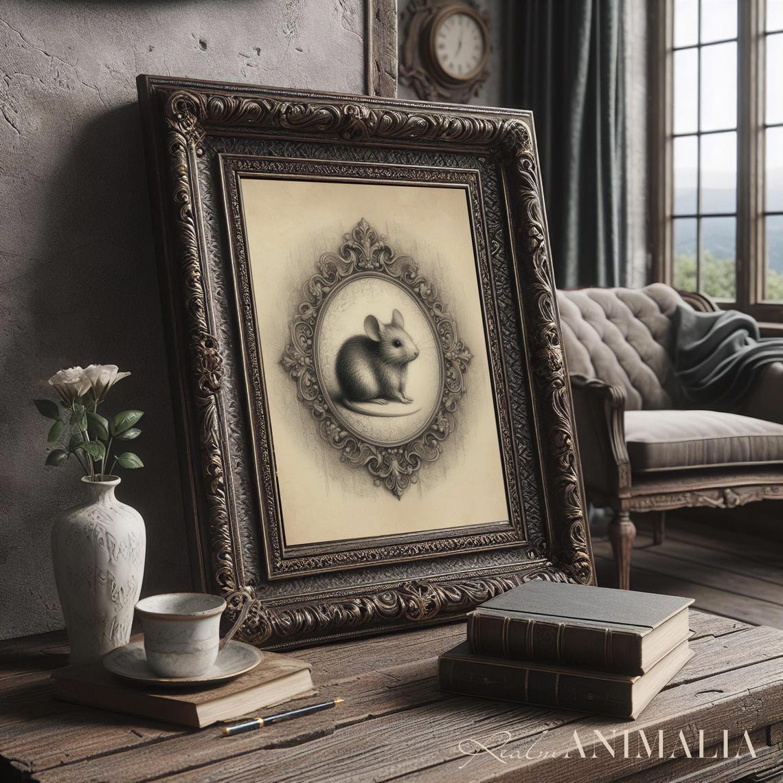 Little Mouse Sketch In Ornate Oval Frame Vintage Pencil Drawing Print - Image 3