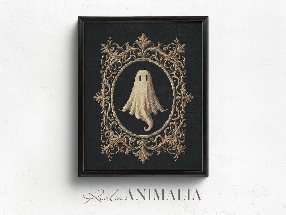 Tiny Ghost In Gold Oval Medallion Black Gothic Tapestry Art Print - Image 2